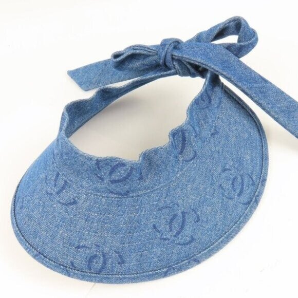 Chanel CC Denim Hat Sun Visor Ribbon Tie Wide Brim Bucket Cap Vintage main image 4